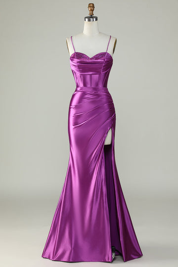 Dark Purple Spaghetti Straps Mermaid Long Ball Dress With Slit
